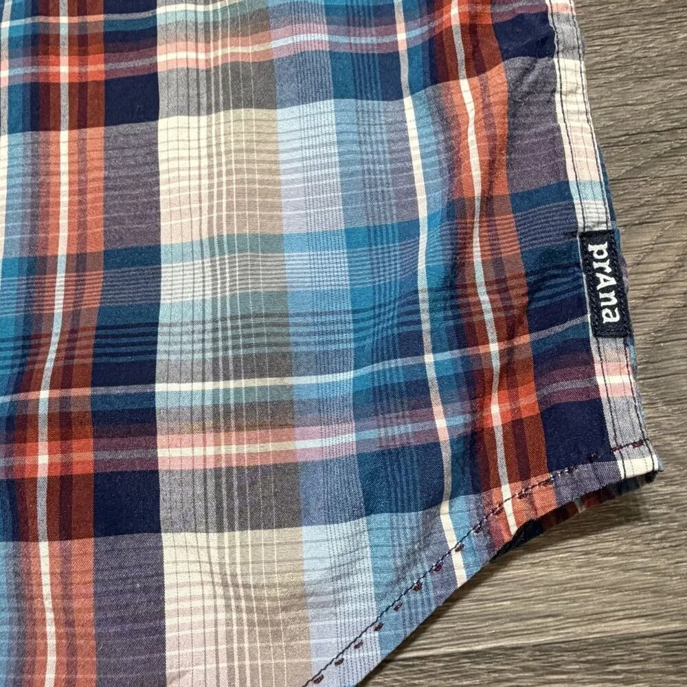 PrAna Mens Large Plaid Short Sleeve Button Down Shirt Lightweight Breathable